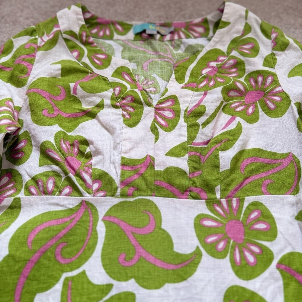 Vintage Boden Green & Pink Floral Tunic Mini Dress 100% Linen Y2K 70s - Picture 5 of 10